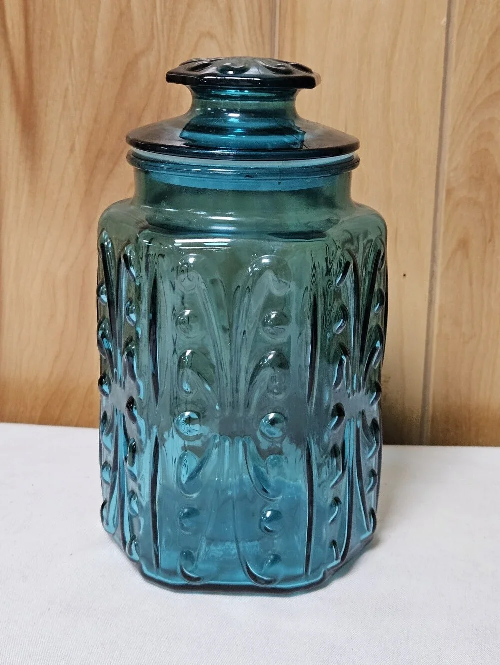 Vintage Canister LE Smith Imperial Atterbury Scroll Teal Blue Glass 9